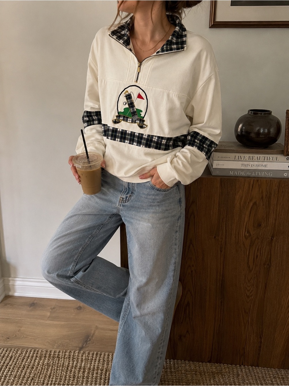 Vintage Euro Club Golf Quarter Zip Sweatshirt Plaid Appliqué Small 80s 90s